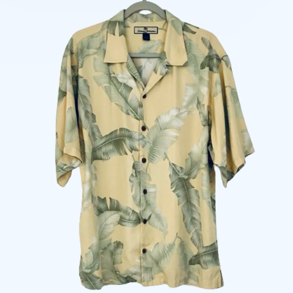 TOMMY BAHAMA Mens Lg Silk Button Up Shirt Yellow w/ Palm Leaves Short Sleeves